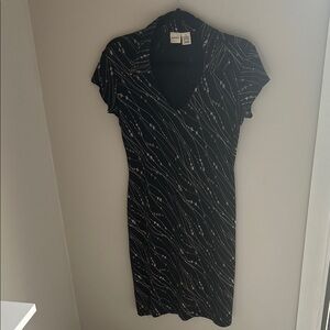 V-Neck Midi Dress with Subtle Floral Stripes
